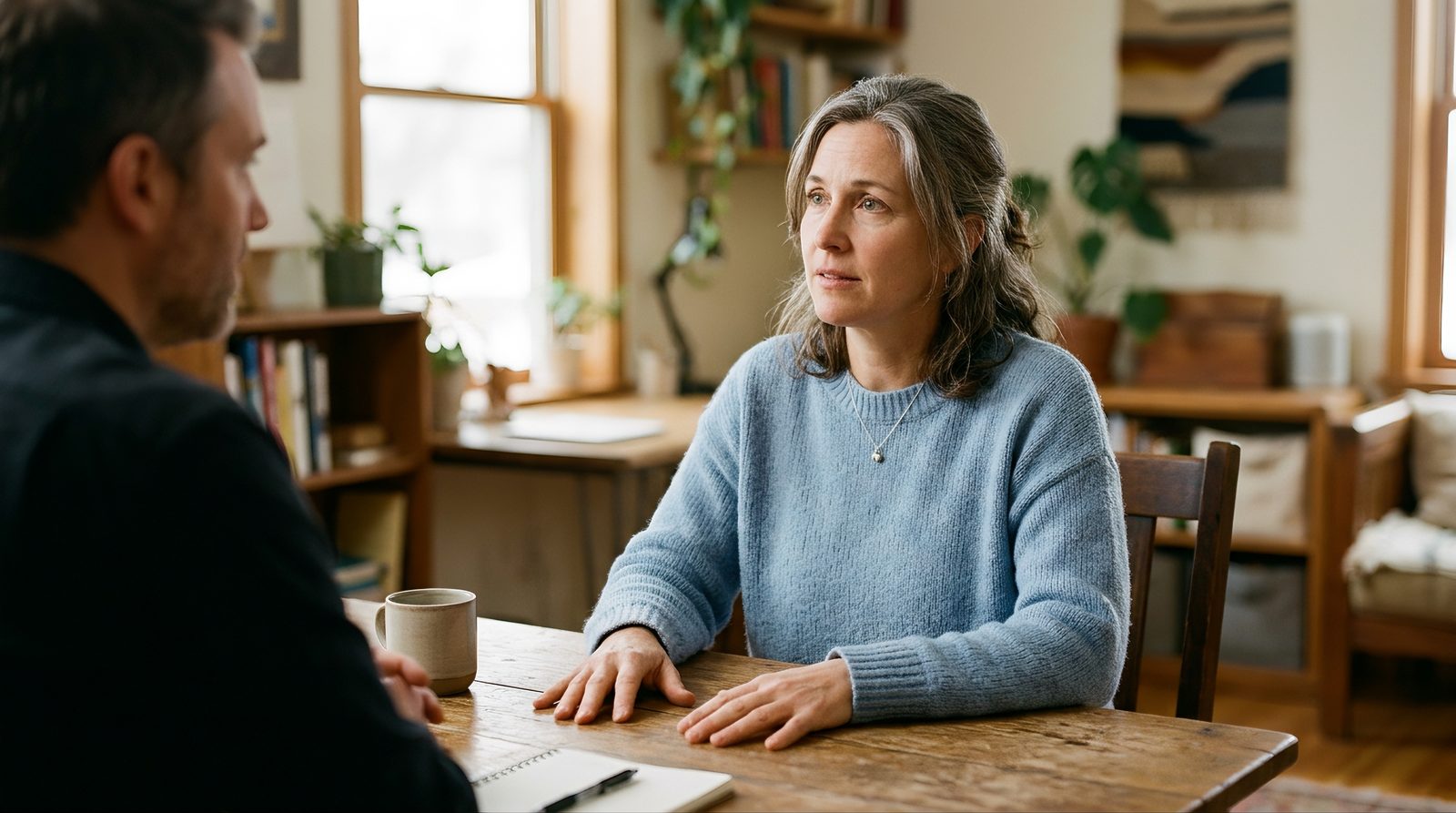 person pausing mid-conversation trying to recall a word, seated at a table with a colleague