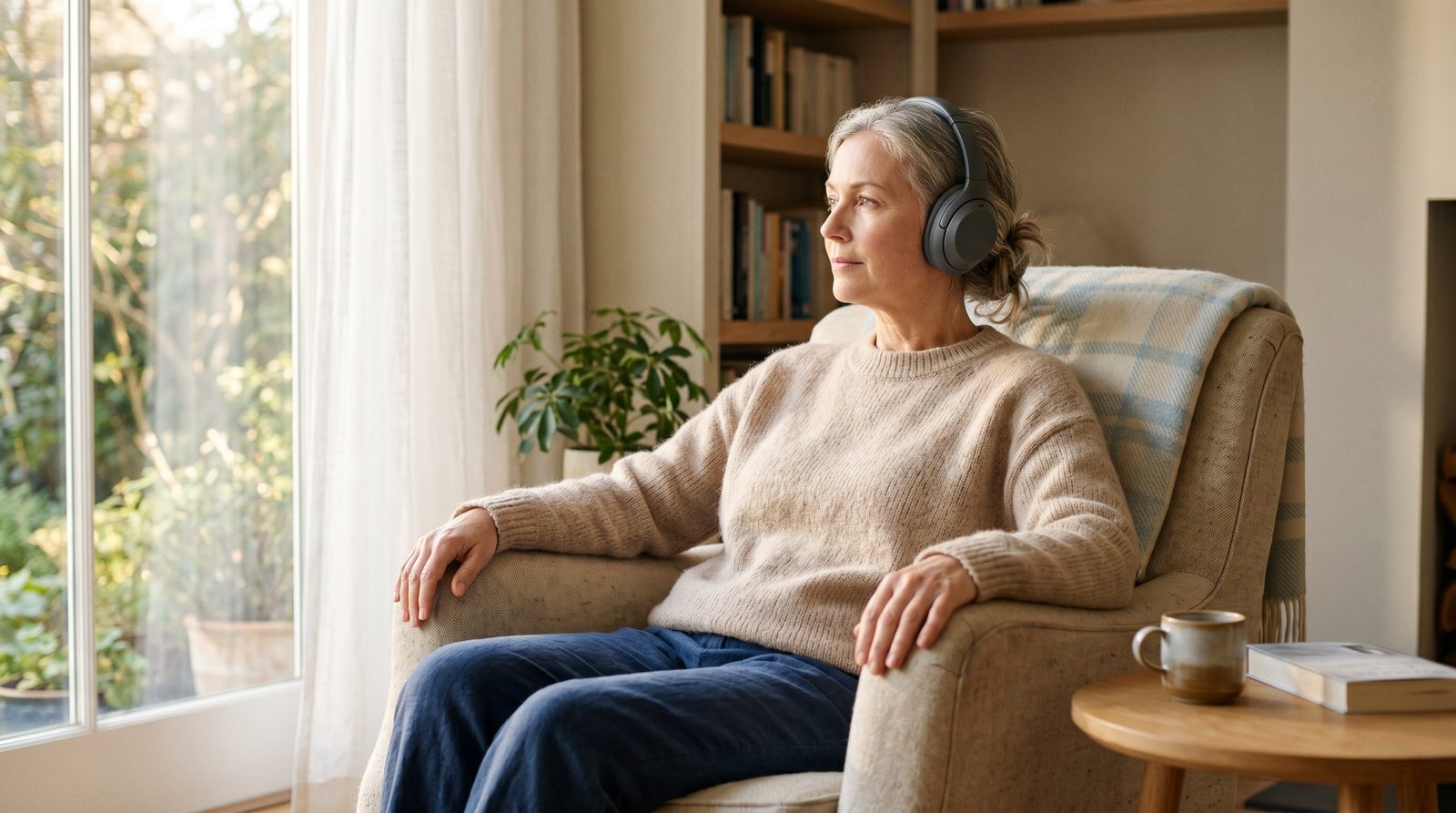 person listening to audio through headphones during a quiet break at home, no product packaging shown