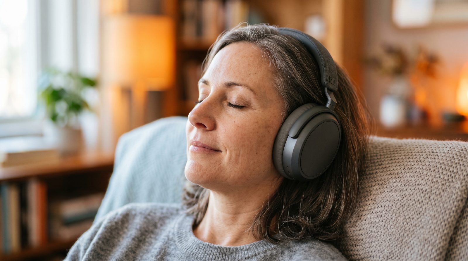person relaxing with eyes closed listening to calming audio in a quiet home setting