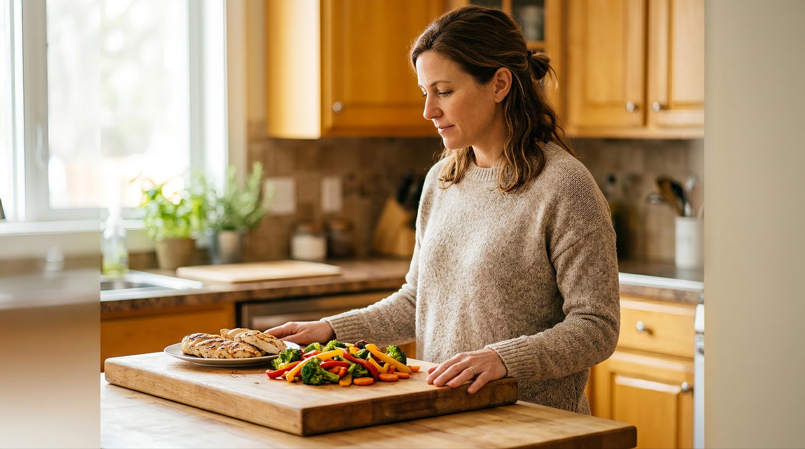 Person preparing a heart-healthy meal of grilled chicken and vegetables in a home kitchen, representing diet changes for cholesterol management
