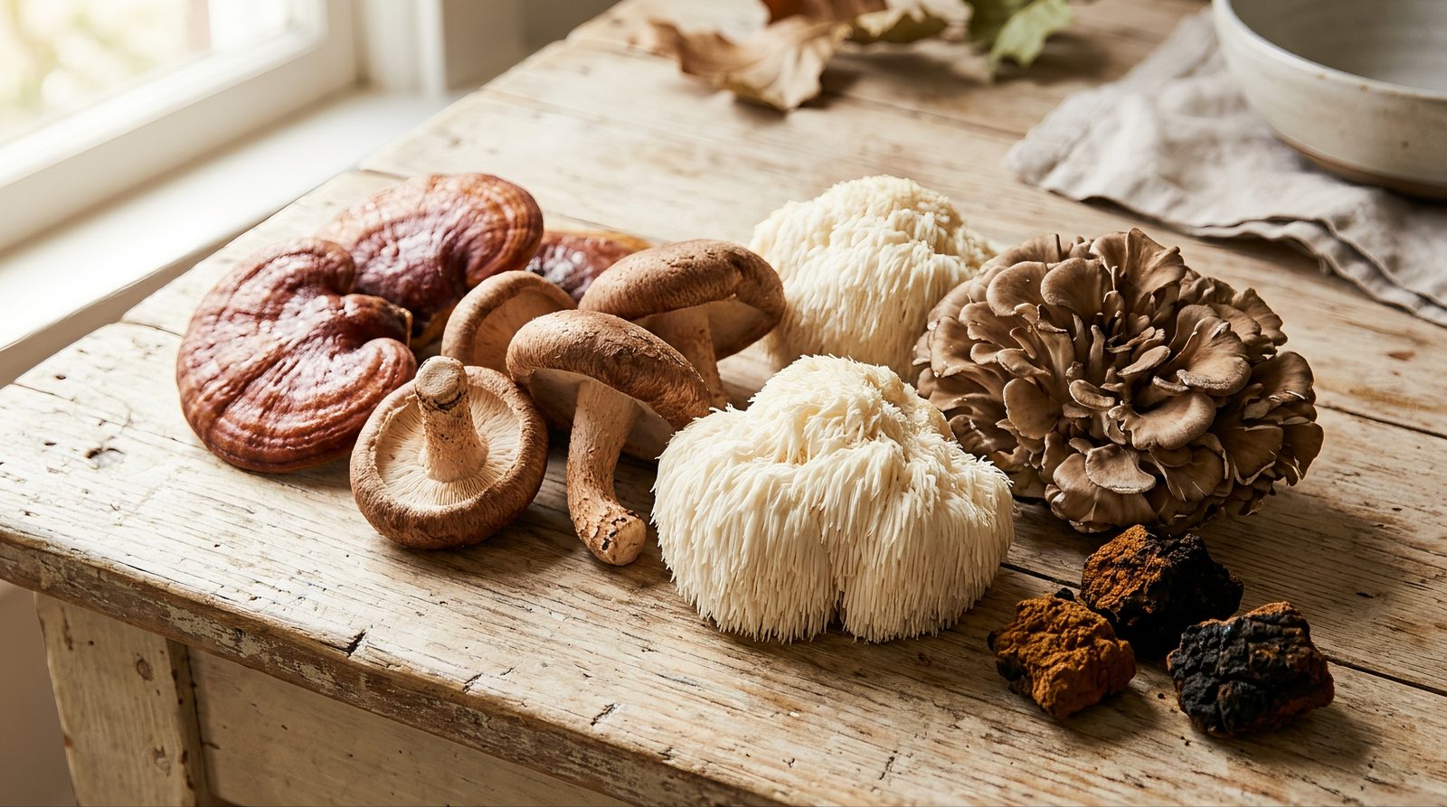 Assorted medicinal mushrooms including reishi and shiitake arranged on a wooden table, representing natural mushroom-based ingredients