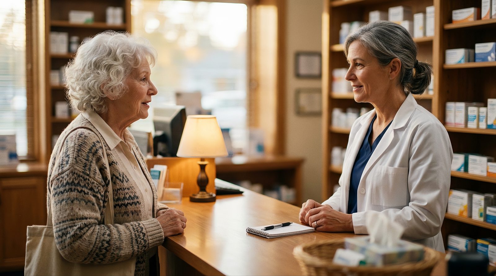 Older adult discussing medication safety with a pharmacist at a counter, representing the importance of consulting a doctor before starting a new supplement