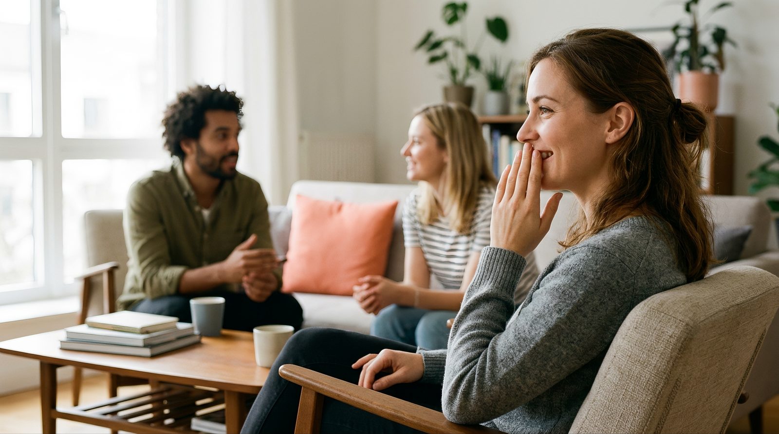 person covering their mouth self-consciously while talking with others