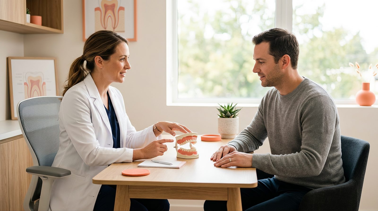 person in a dental clinic consultation, calm and informational tone