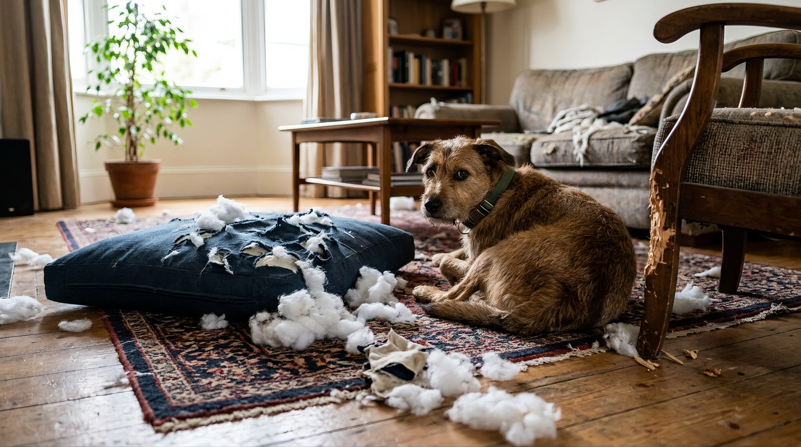 tired dog owner sitting on floor near chewed up furniture in a home living room