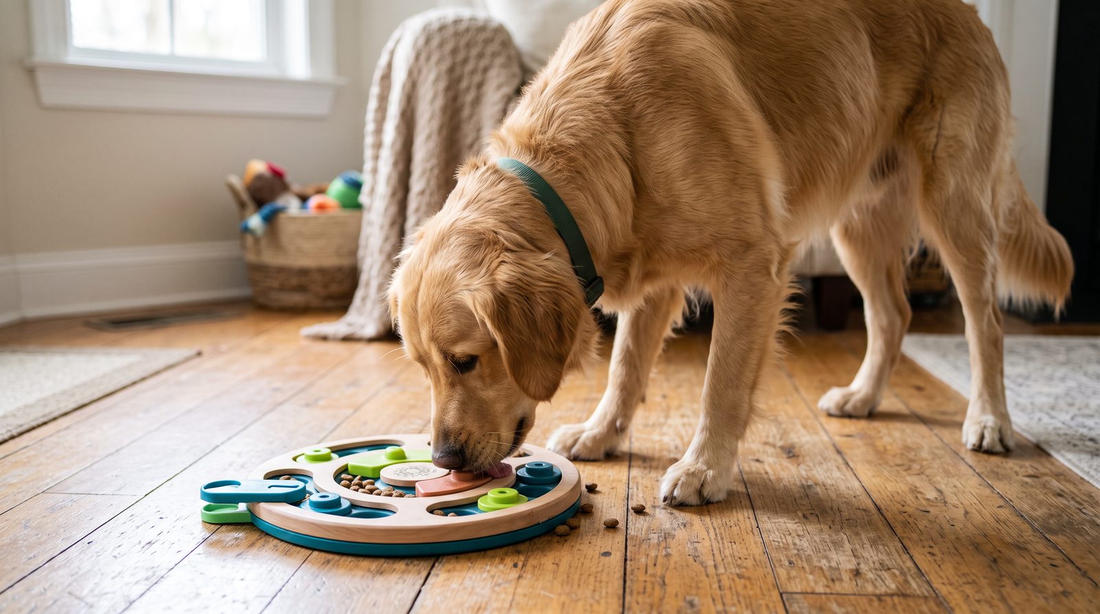 person and dog doing a training exercise together in a bright living room