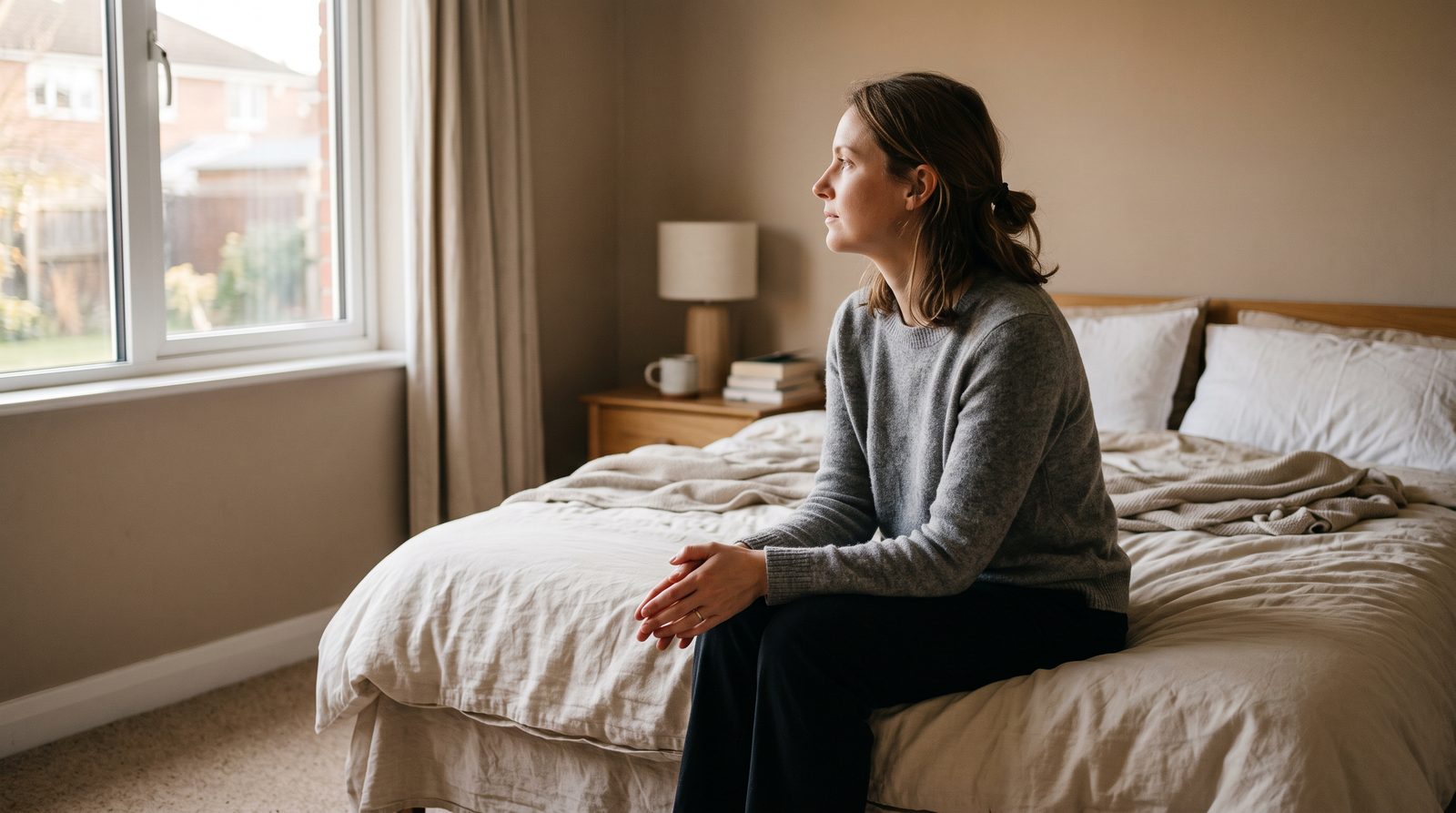 woman sitting alone on a couch looking thoughtful while her partner is distracted in the background
