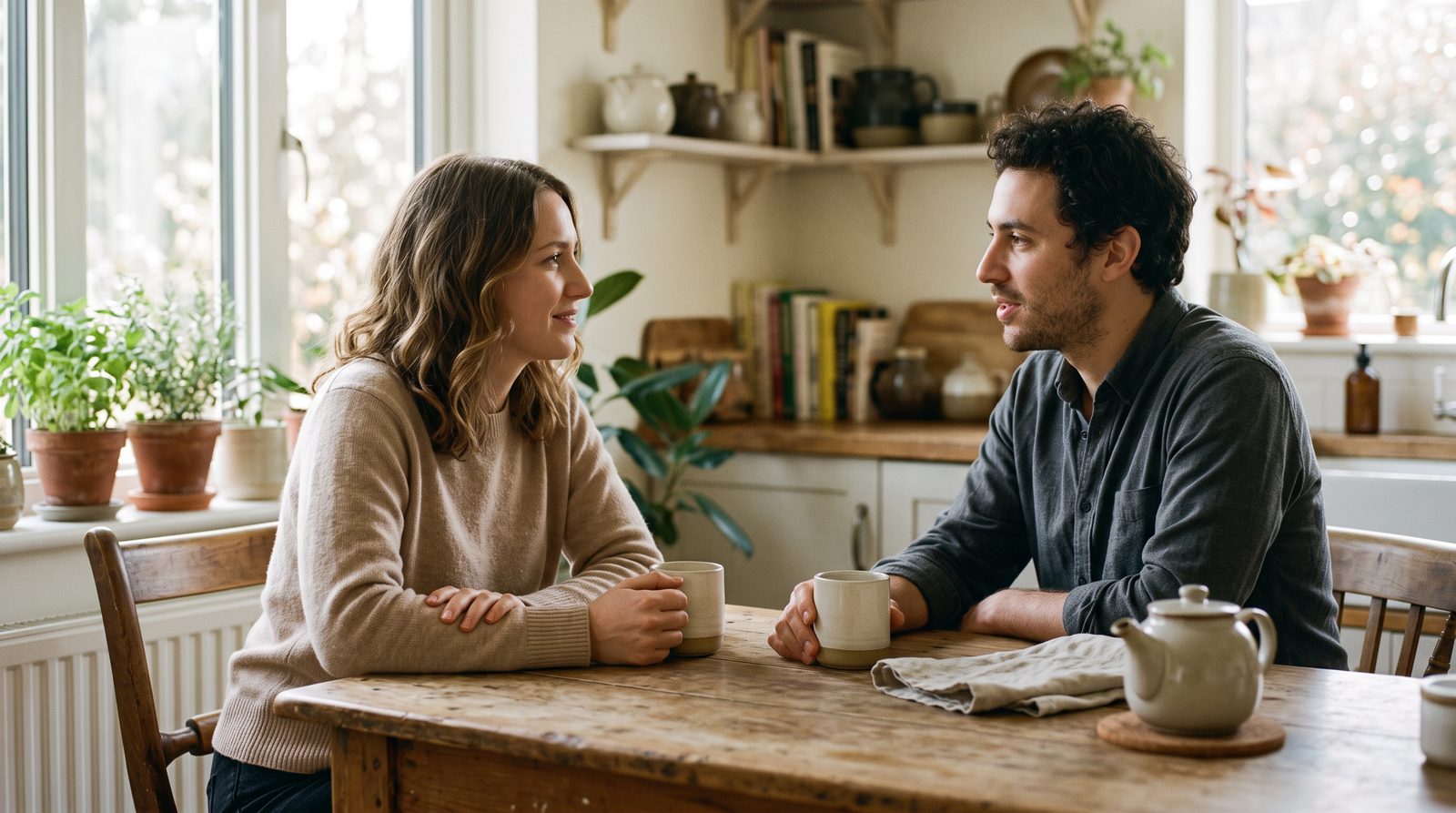 a couple sitting together at a kitchen table having a calm, focused conversation