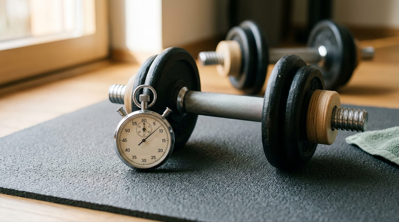 Close-up of a stopwatch beside a pair of adjustable dumbbells on a home workout mat, representing time-under-tension resistance training