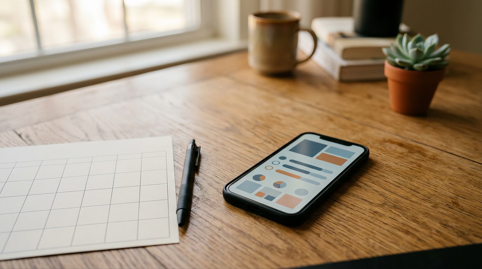A phone showing a fitness-tracking app resting on a desk next to a printed training calendar and a pen, no people