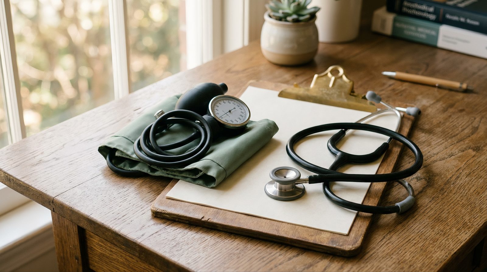 A stethoscope and blood pressure cuff resting on a clipboard on a doctor's desk, symbolizing a medical clearance checkup before starting a new exercise program