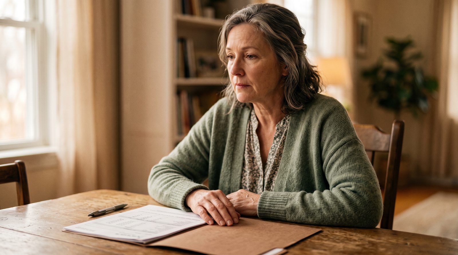 middle-aged woman sitting quietly with medical paperwork, looking thoughtful, no medication or supplement products visible
