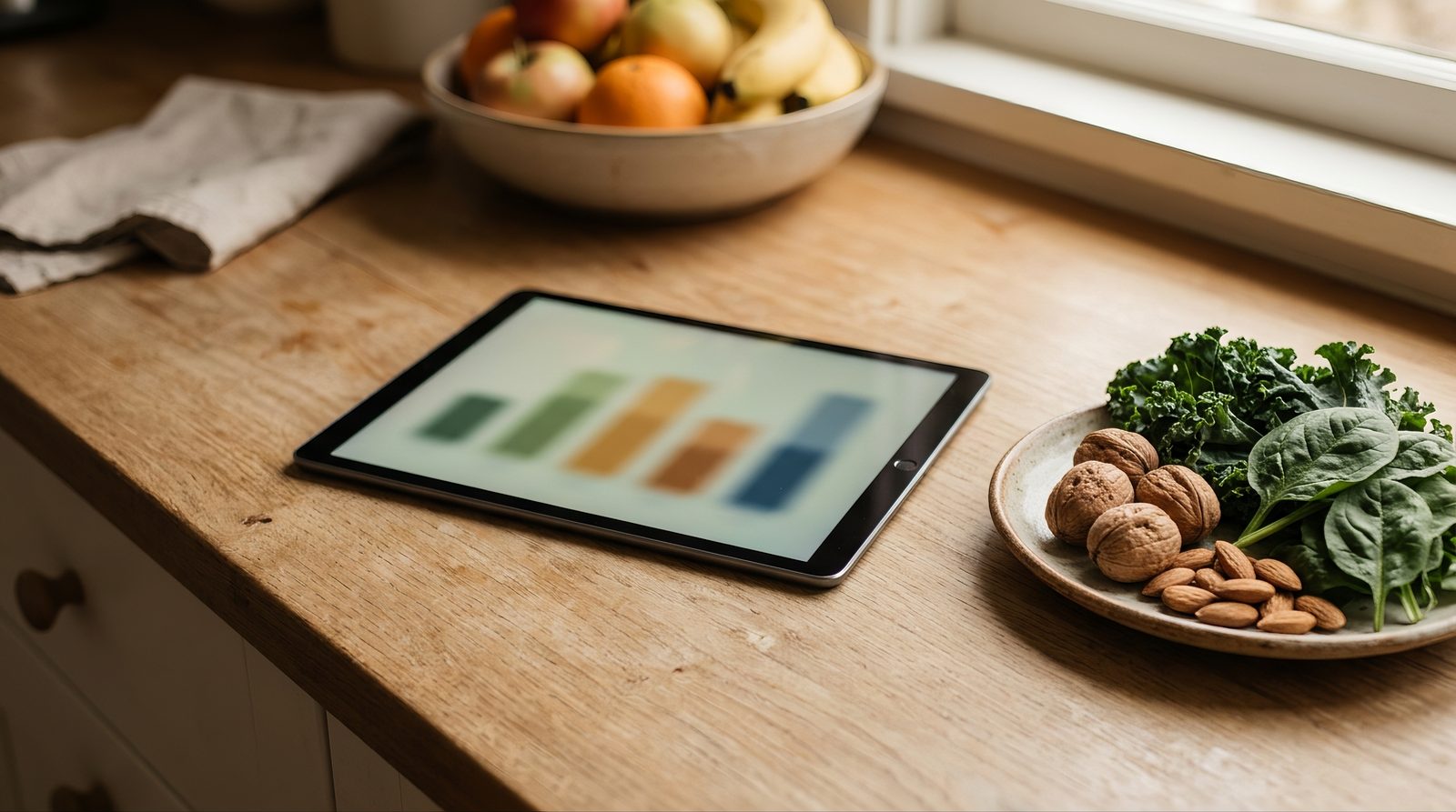 closed eBook or tablet showing a generic meal-plan style document on a kitchen counter, no supplement bottles or pills visible