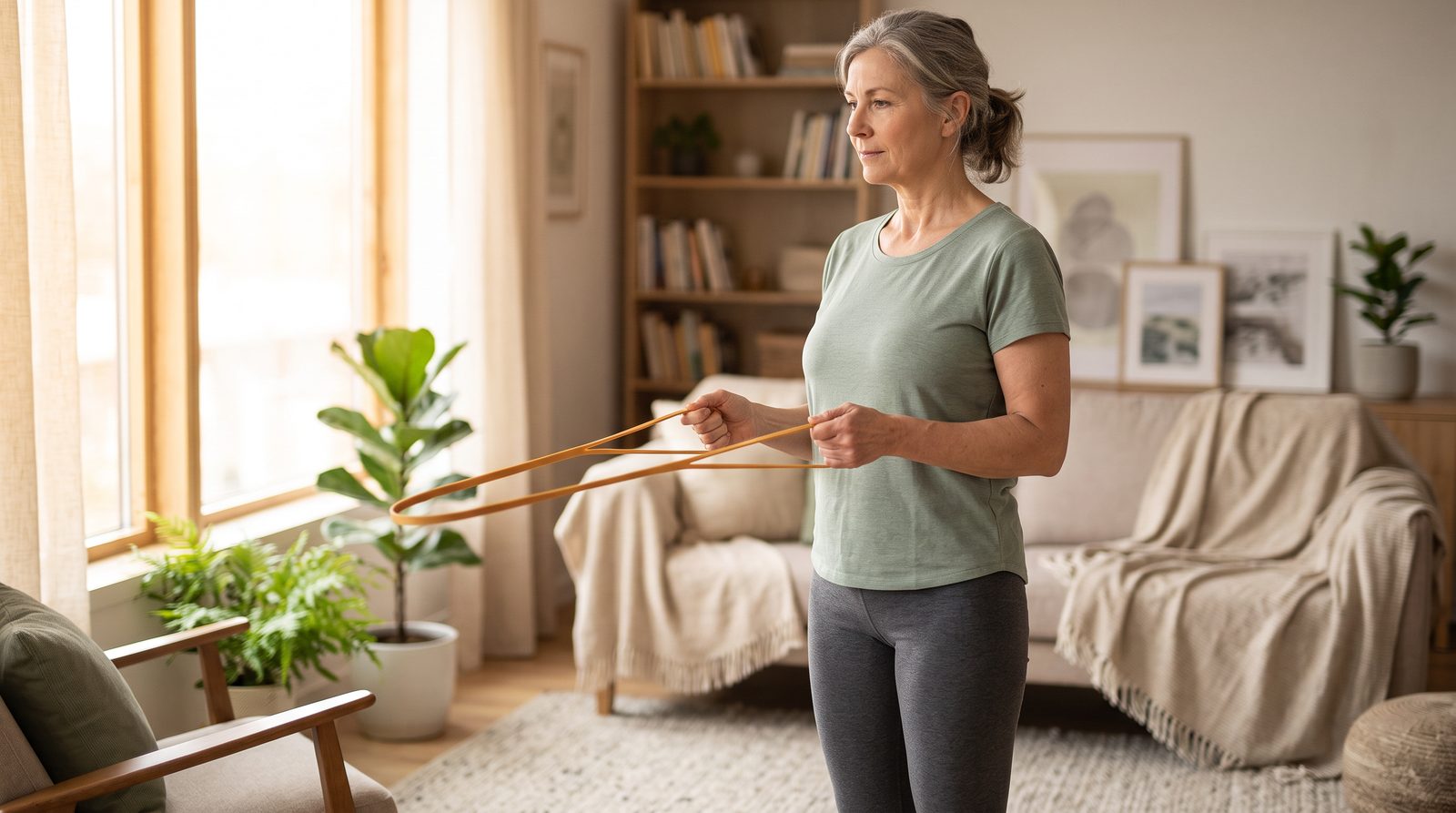 woman doing supervised weight-bearing exercise with light resistance bands in a bright home setting, no product packaging visible
