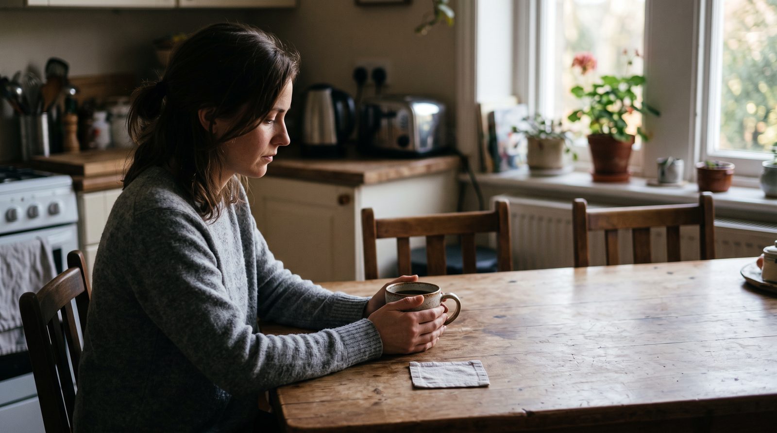a person sitting alone at a kitchen table looking thoughtful, softly lit home interior