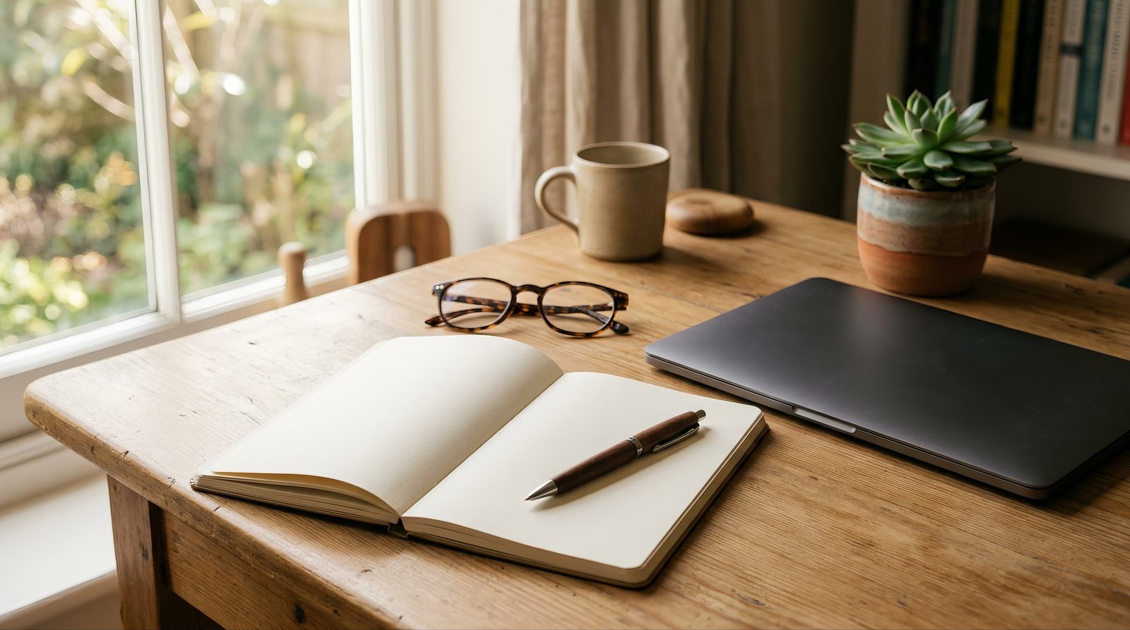 a stack of self-help books and a notebook on a desk, warm neutral lighting