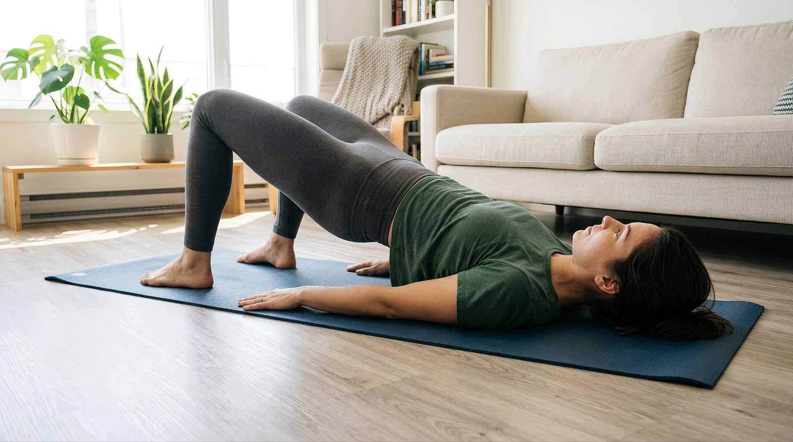 woman performing bodyweight glute bridge exercise at home