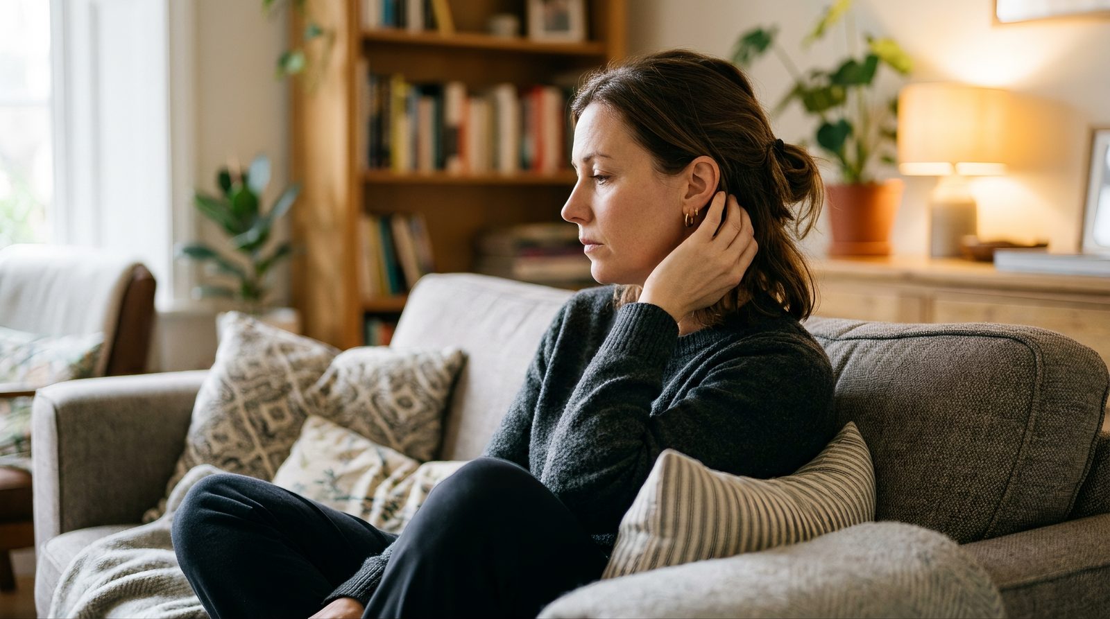 person sitting quietly at home covering one ear, looking tired and frustrated