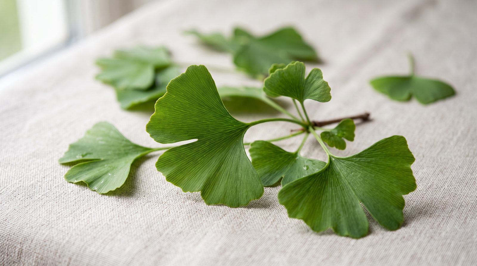 close-up of ginkgo biloba leaves on a wooden table, natural lighting