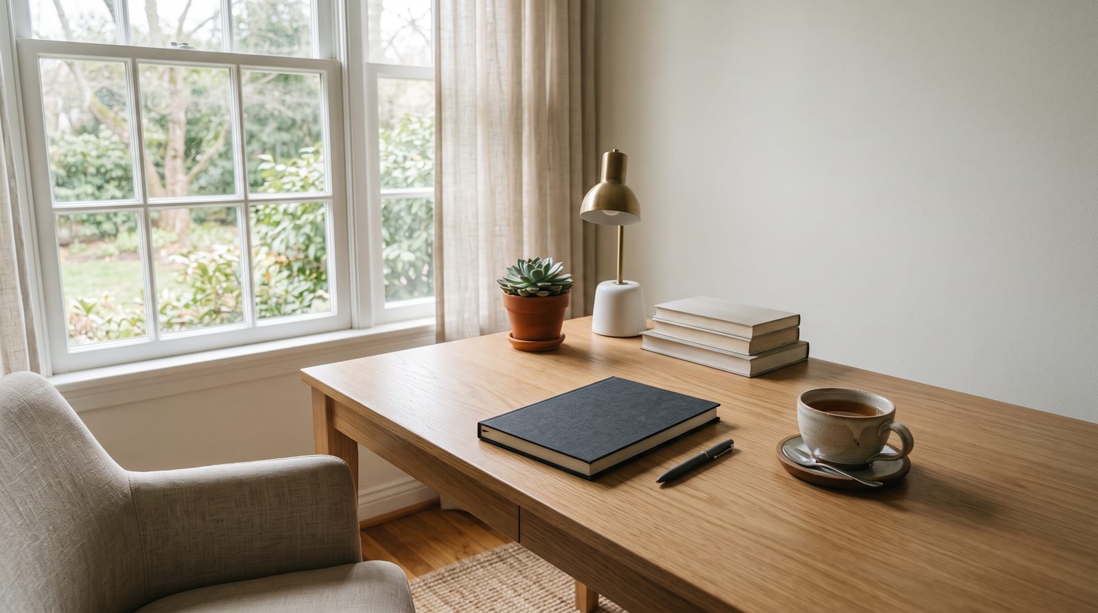 calm home office desk with a notebook and cup of tea, quiet peaceful setting