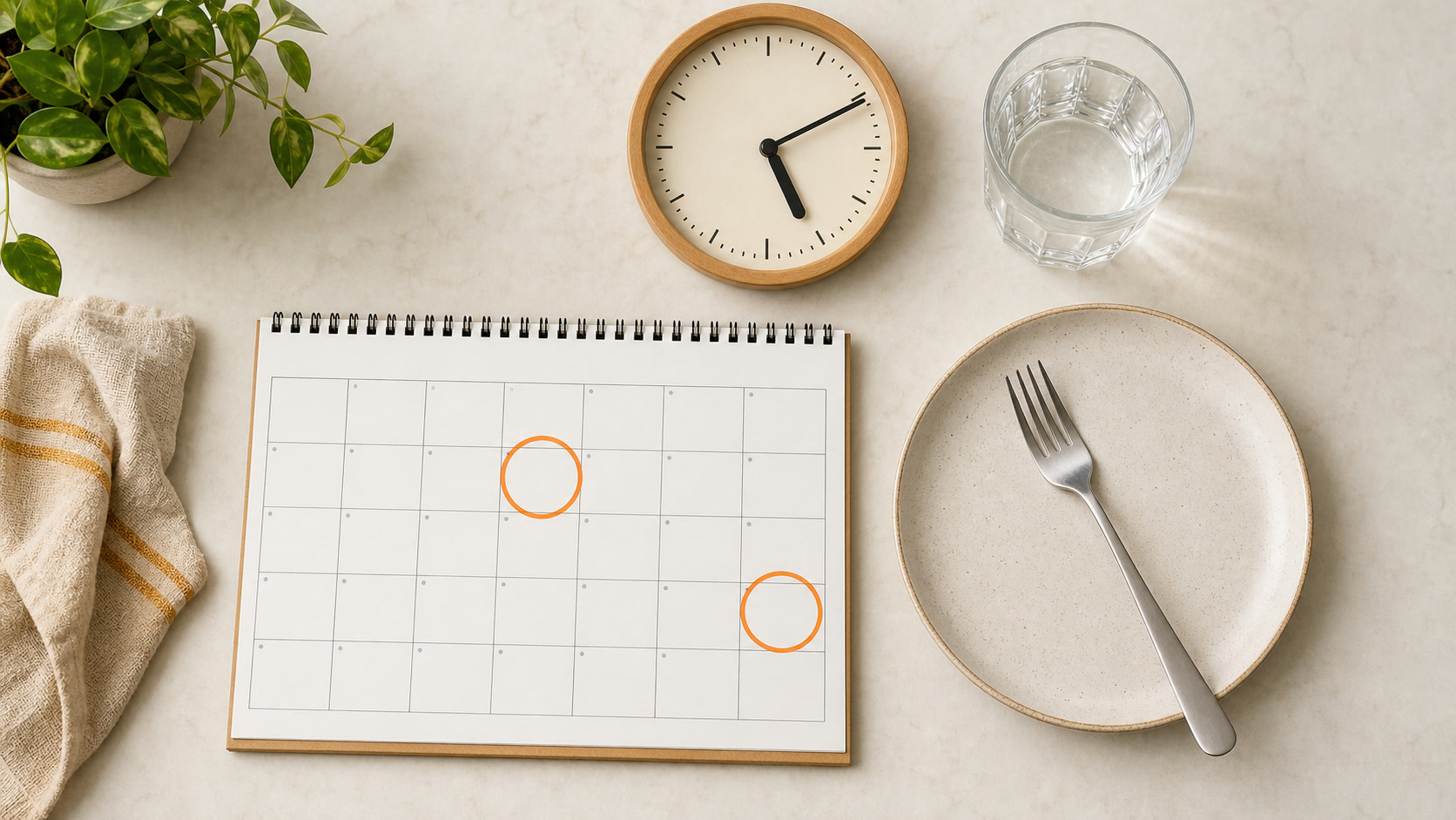 Editorial flat-lay showing a simple weekly calendar with two nonconsecutive days highlighted, a neutral analog clock, a water glass, and an empty dinner plate; no brand names, no people, no medical claims