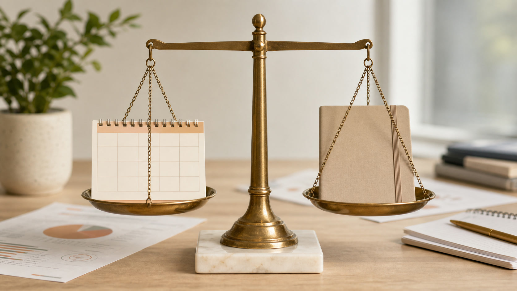 Clean editorial evidence scene with a balance scale holding a weekly fasting calendar on one side and a daily meal-tracking notebook on the other, visually balanced, no text overlays, no logos, no people