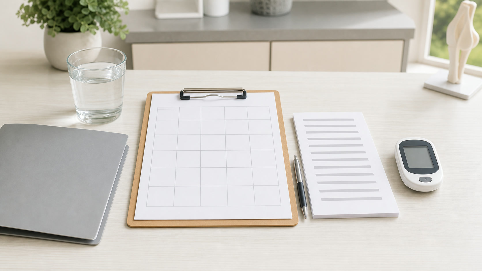 Neutral clinician consultation desk with a weekly meal calendar, medication list, glucose meter, and pen arranged clearly; no patient identity, no brand names, no alarming imagery