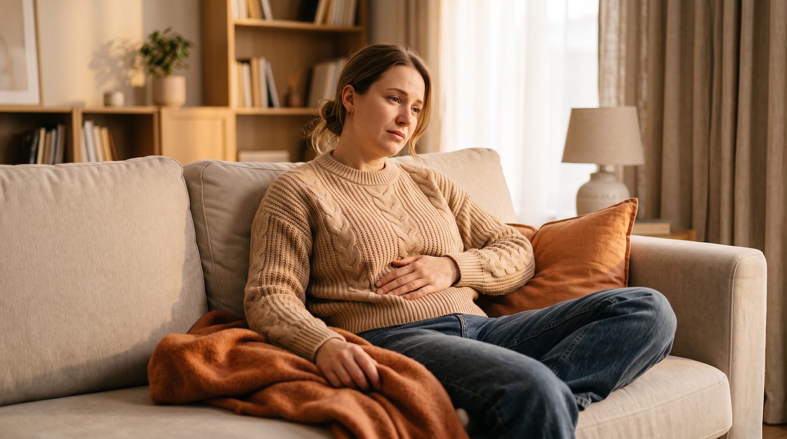 person holding stomach in discomfort, everyday lifestyle setting