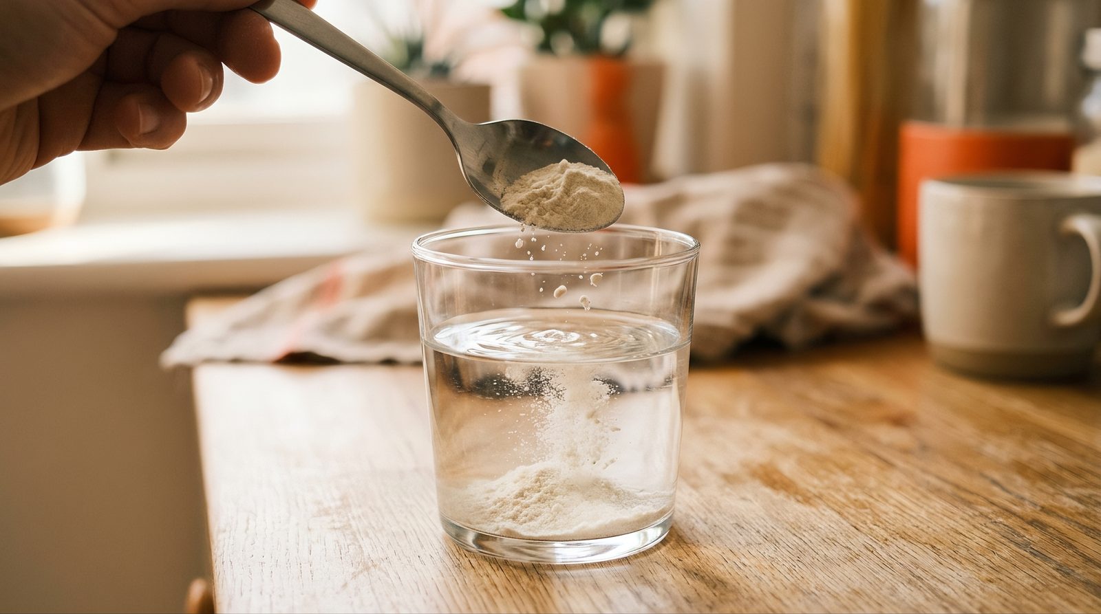 powder scoop being mixed into glass of water, morning routine setting