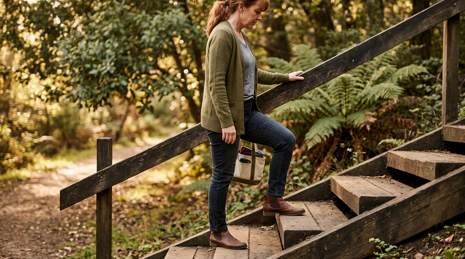 Person holding their knee while climbing stairs, showing joint stiffness and discomfort