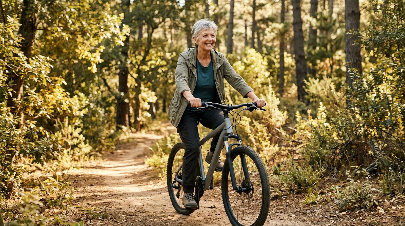Older adult cycling outdoors on a sunny trail, smiling