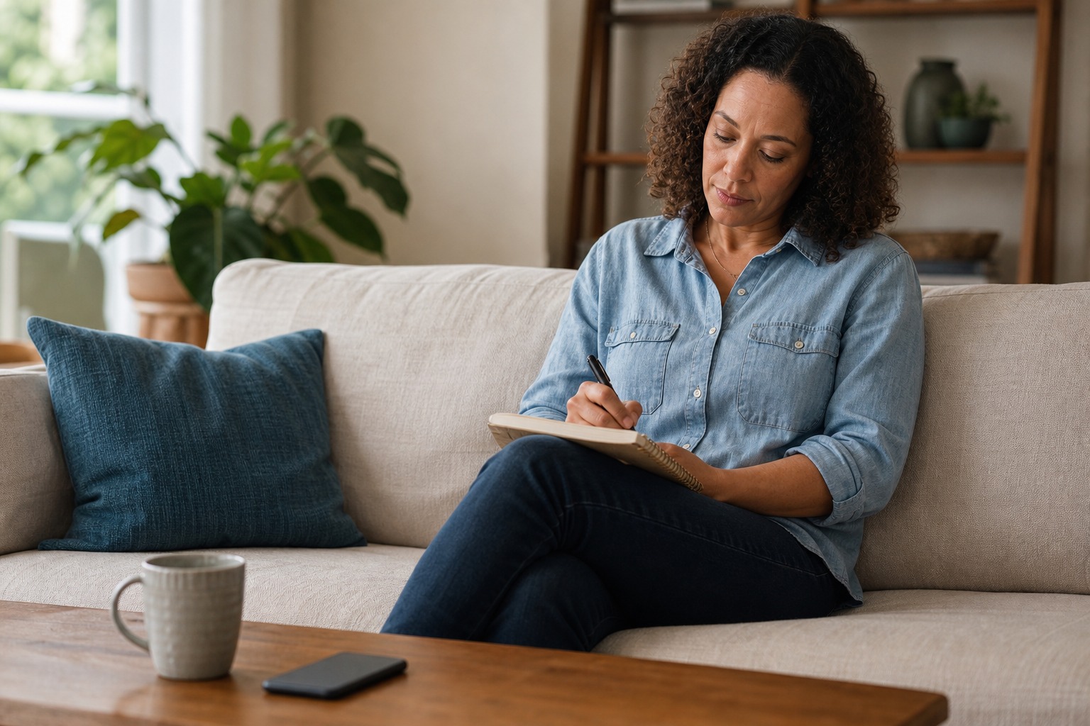 Adult sitting beside a phone and reflecting on inconsistent messages in a calm home setting