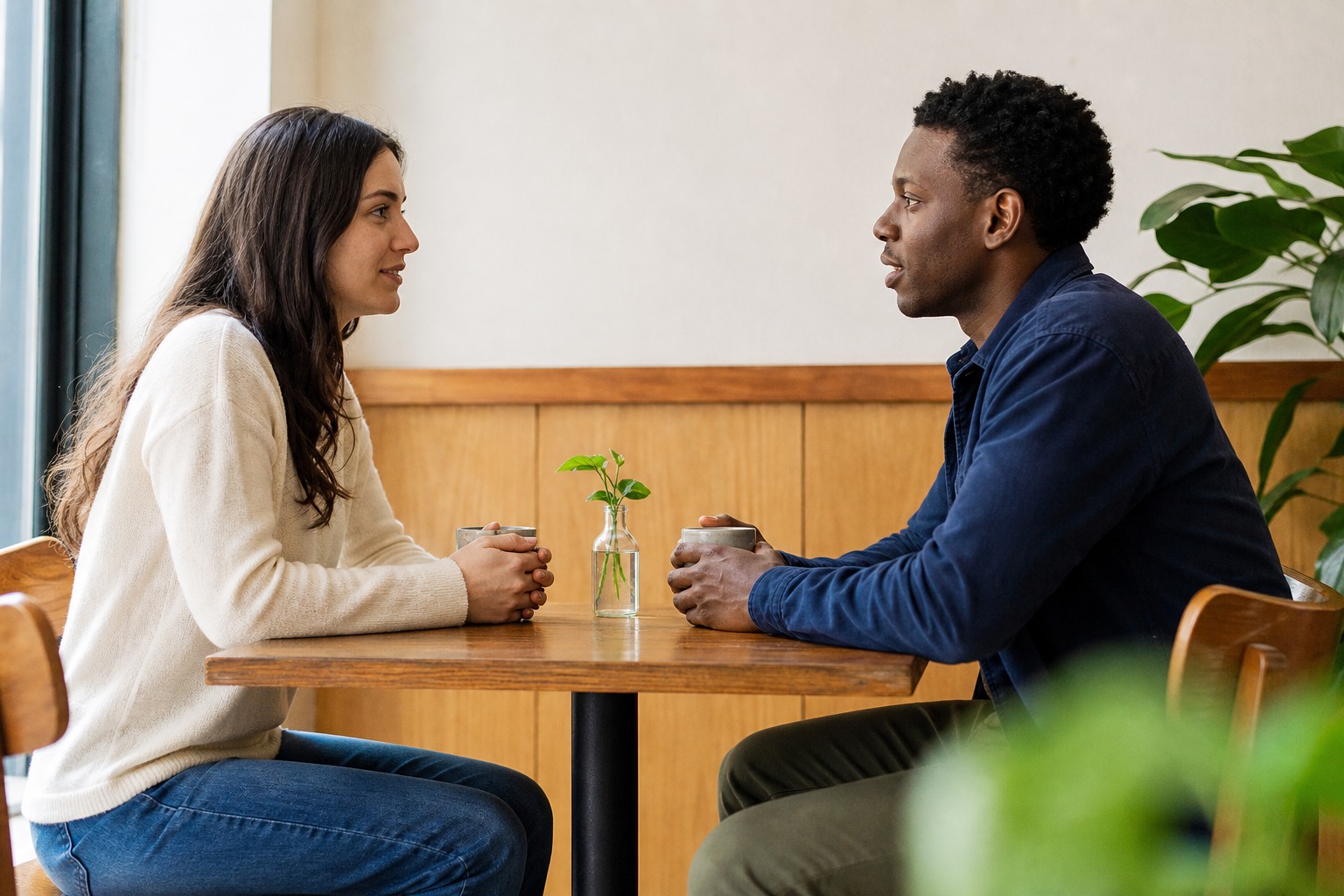 Two adults having an open face-to-face conversation with calm body language and equal space