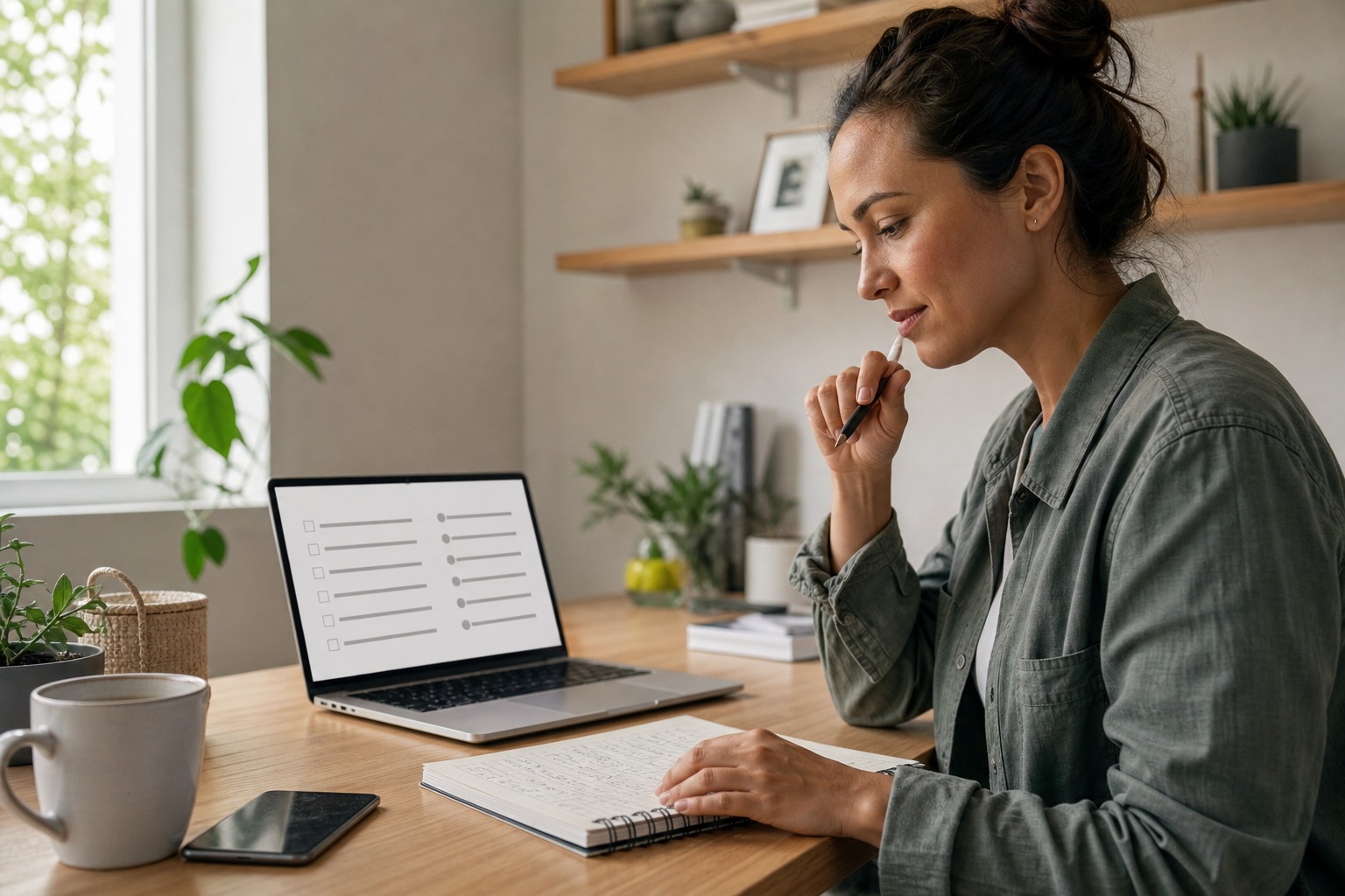 Adult reviewing relationship notes beside a laptop while checking personal boundaries and goals