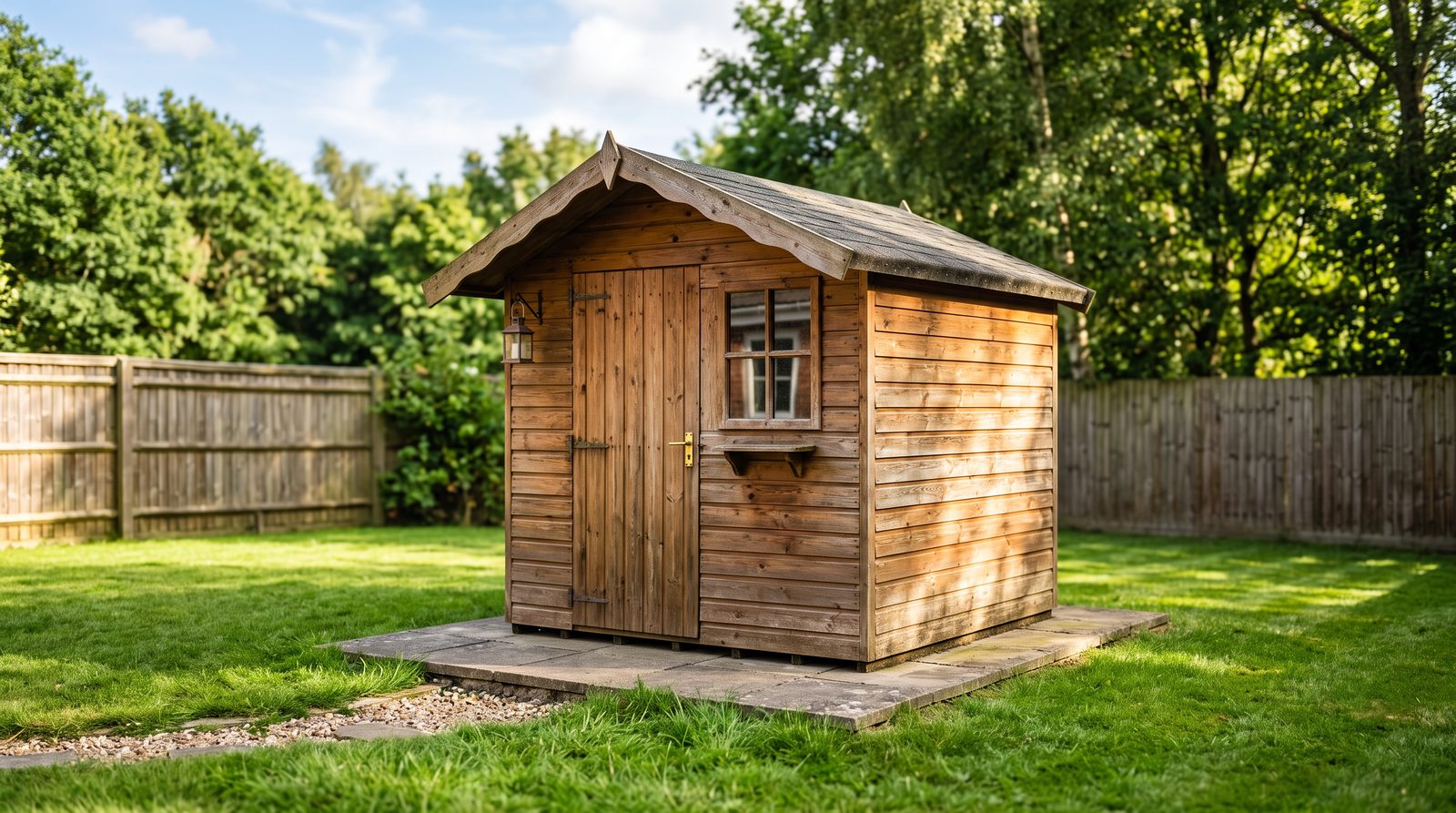 A wooden storage shed sitting on a level gravel foundation pad in a backyard