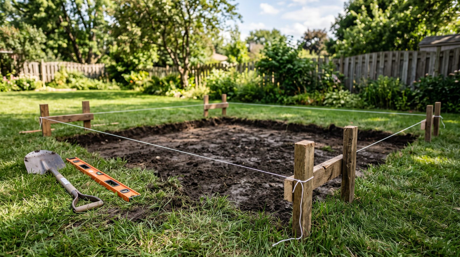 Marking out a rectangular shed foundation site in a backyard with stakes and string
