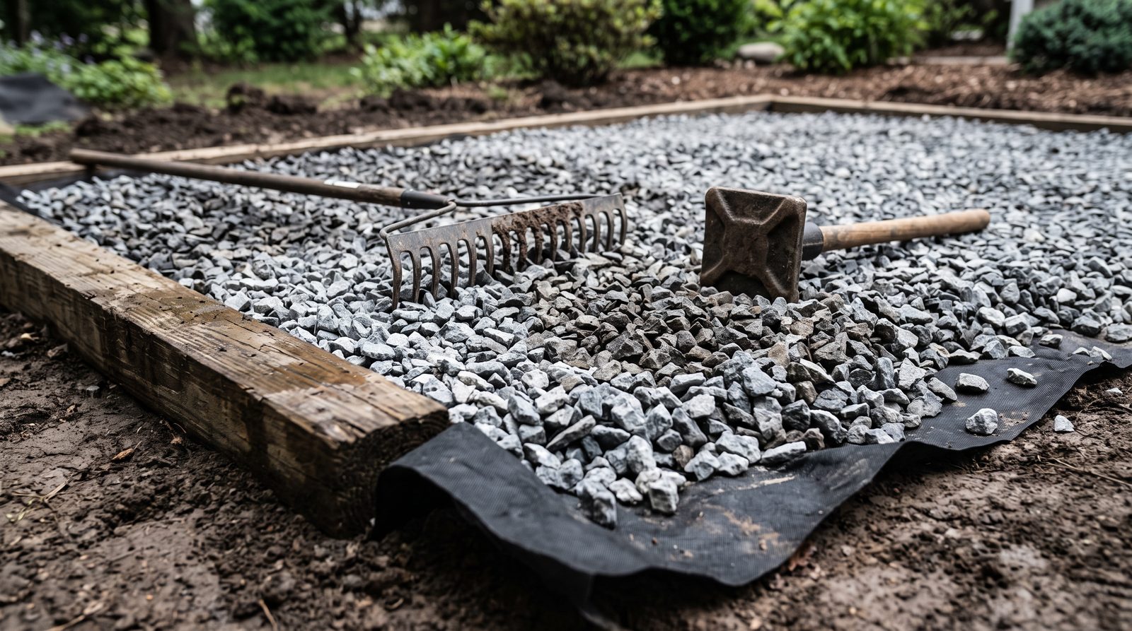 Close-up of pressure-treated lumber skids resting on a gravel shed foundation