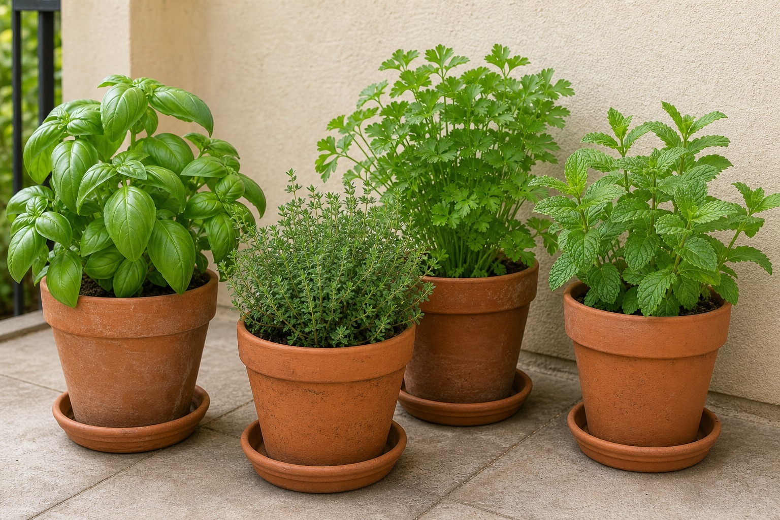 Four labeled herb pots containing basil, thyme, parsley, and mint arranged on a bright small patio, no people, realistic editorial photography