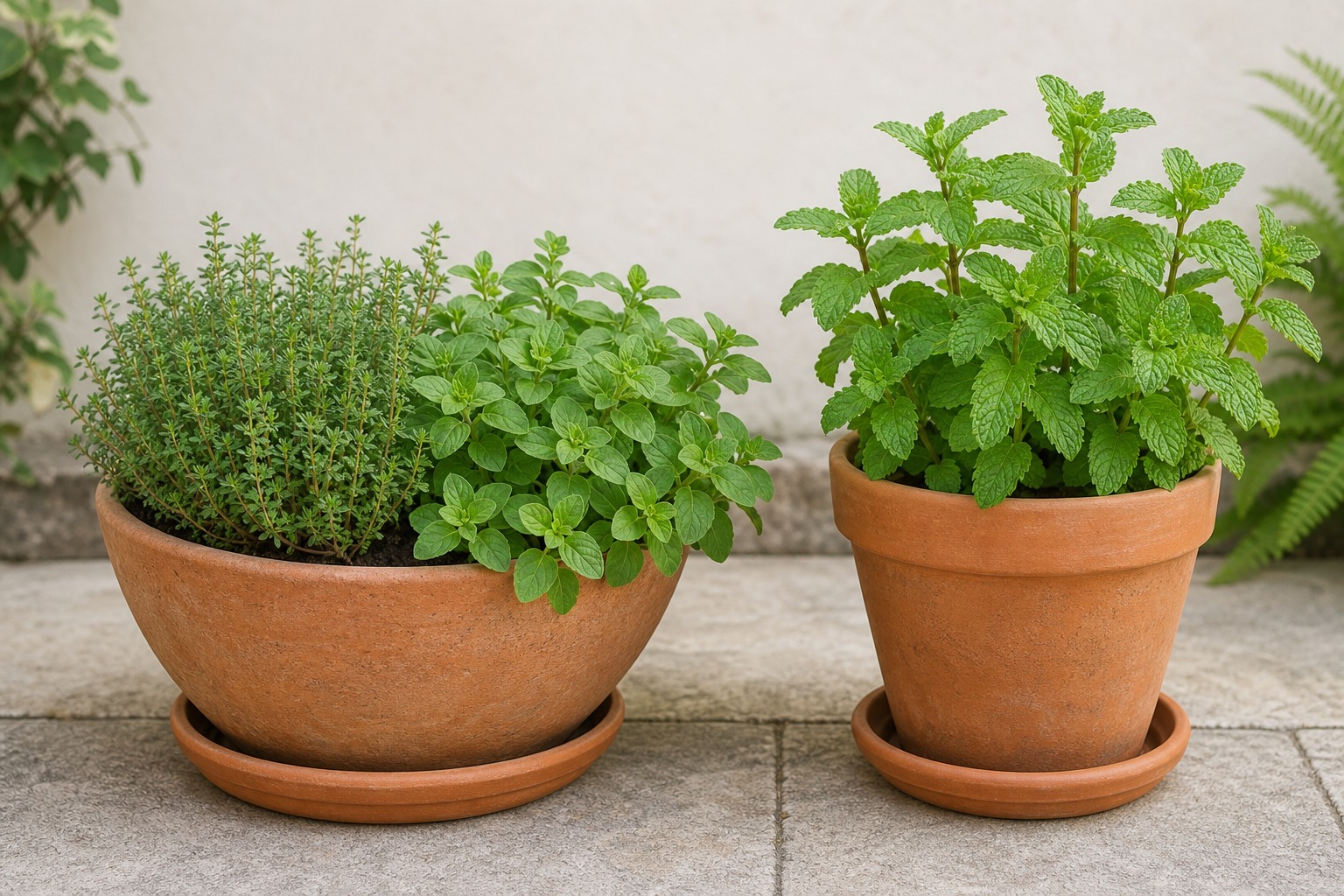 Close view of two patio herb containers, one with thyme and oregano together and a separate mint pot, visible drainage saucers with no standing water, realistic photography