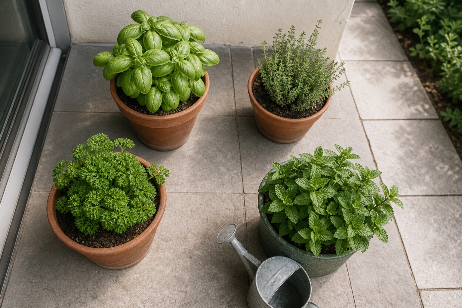 Overhead view of a four-pot herb garden layout on a compact apartment patio, labeled plant markers, watering can nearby, uncluttered safe walkway, no people