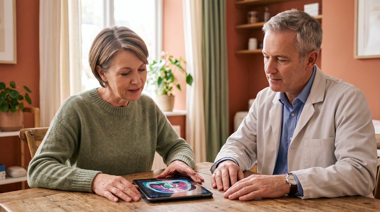 A woman in her 50s reviewing a bone density scan report with a doctor in a bright clinic office