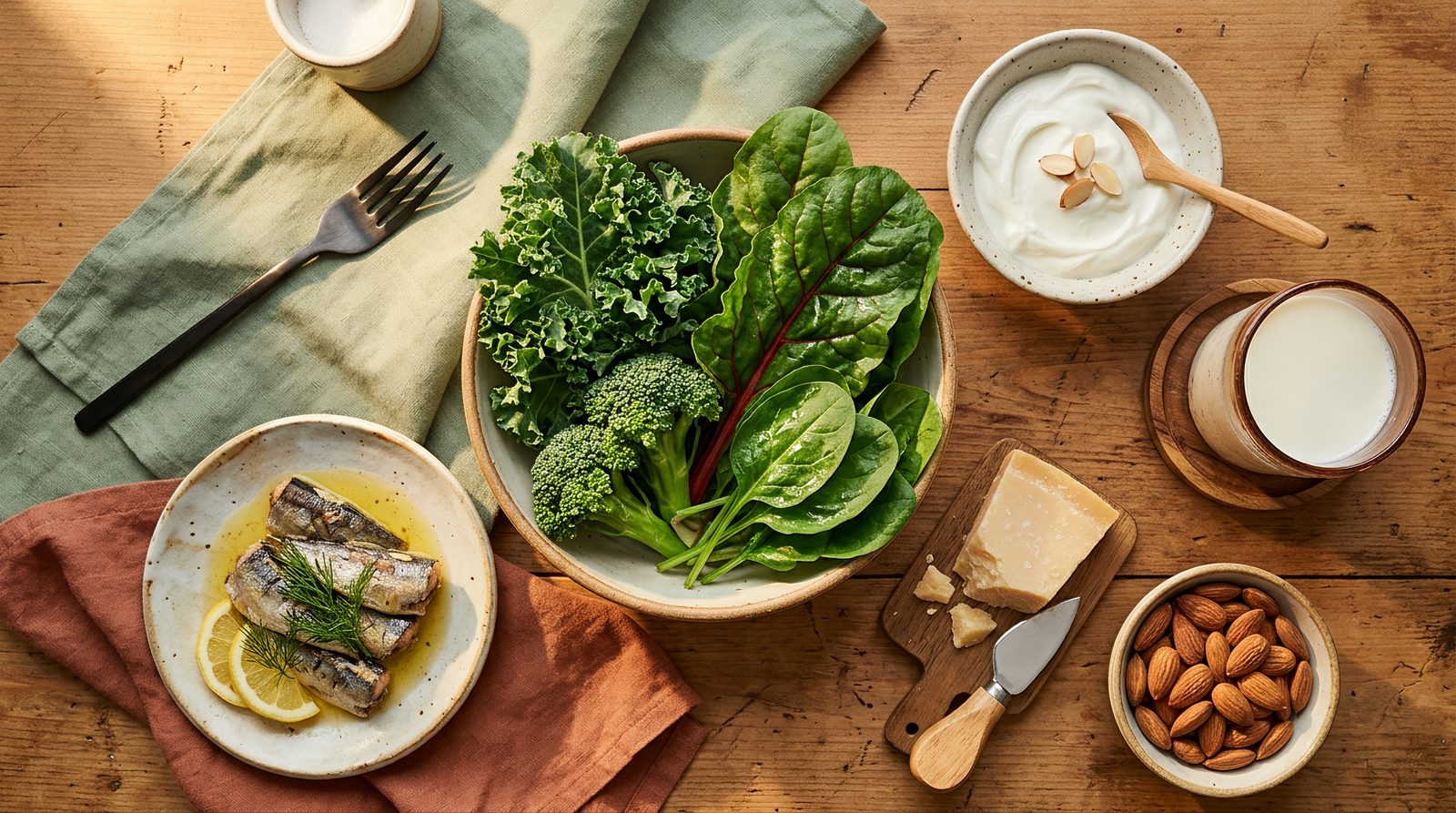 A person in their 50s choosing calcium-rich foods like leafy greens and dairy in a kitchen setting