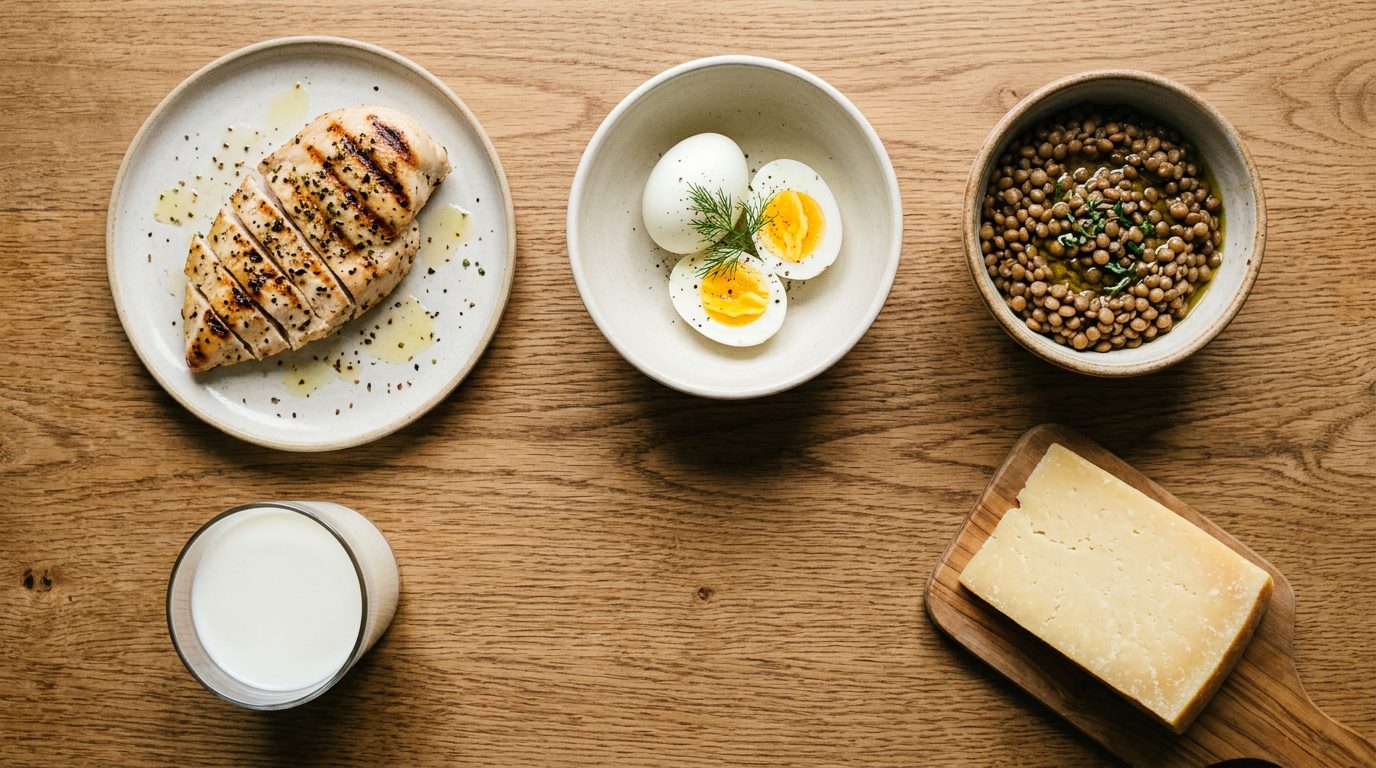 An overhead flat-lay of high-protein whole foods on a wooden table, grilled chicken breast, eggs, a bowl of lentils, a wedge of cheese, and a glass of milk, no people or hands visible