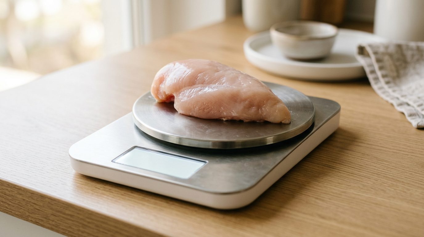 A digital kitchen food scale on a countertop weighing a raw chicken breast, close-up product shot, no people or hands visible