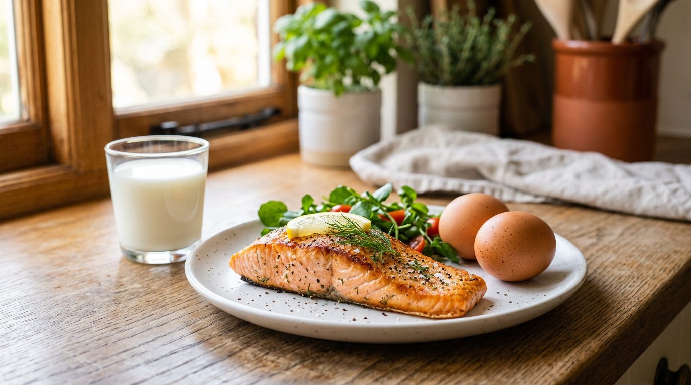 A cooked salmon fillet on a plate beside a small glass of milk and two eggs, natural light, no people or hands visible