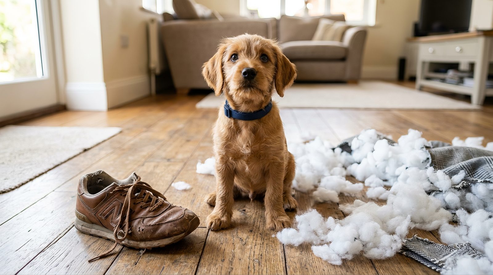 Owner looking at a chewed shoe next to a dog sitting on the floor