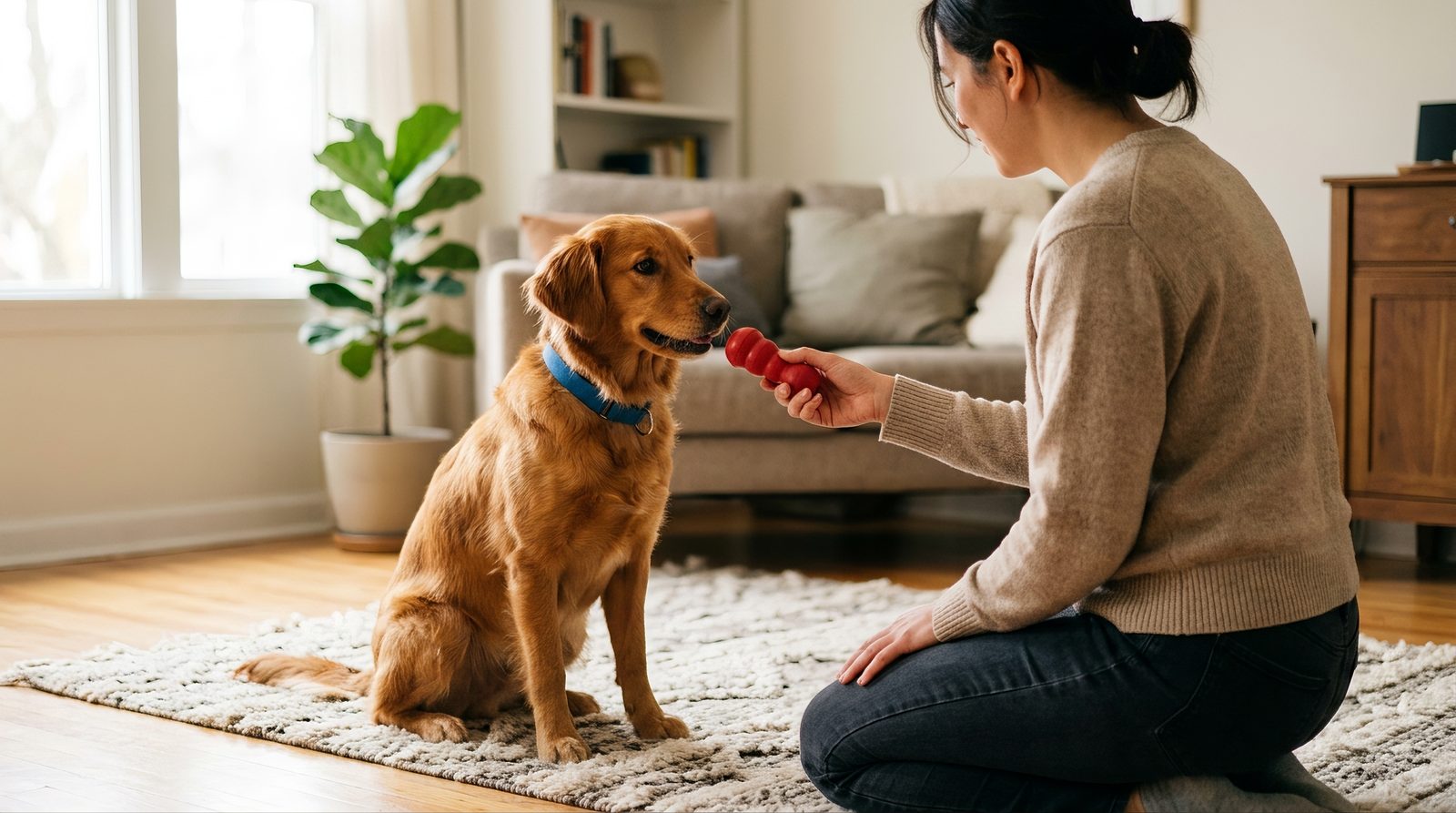 Person calmly handing a dog a chew toy in a living room
