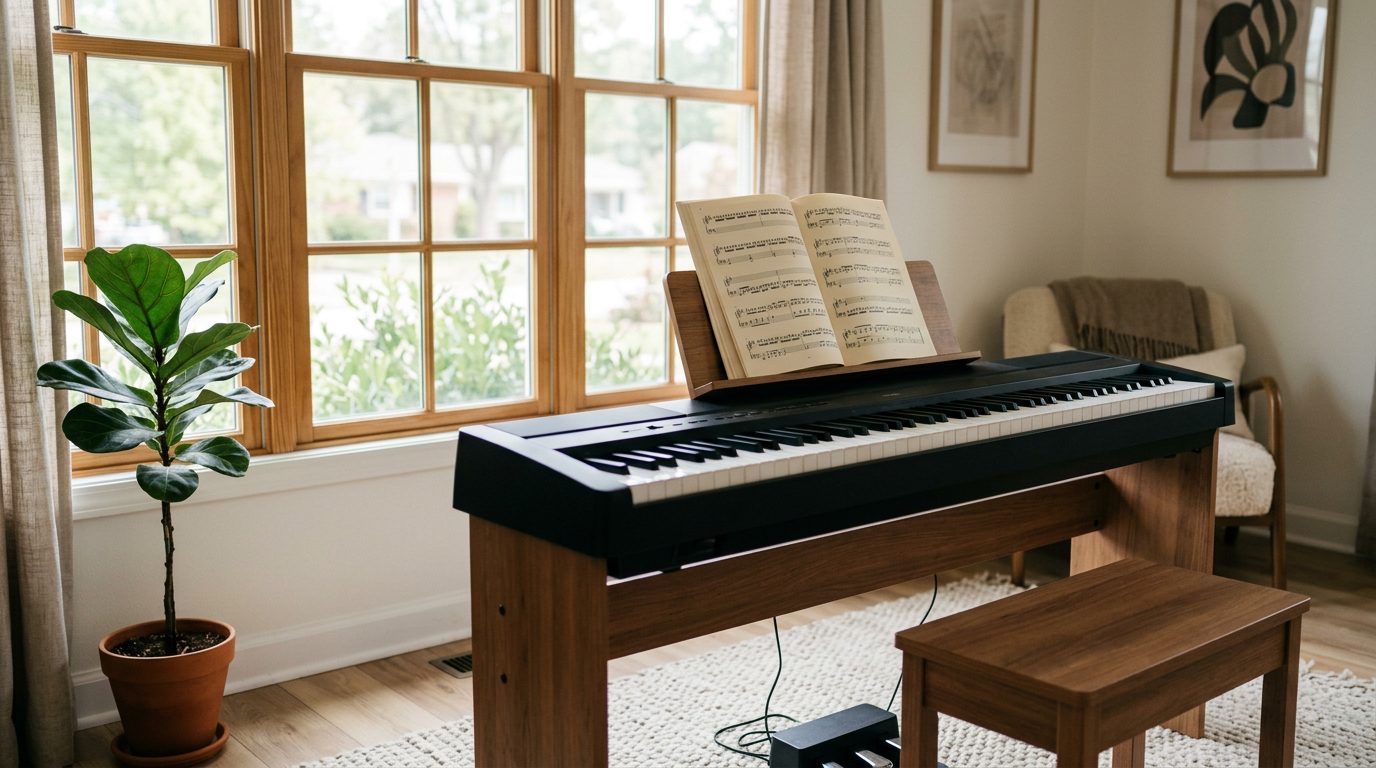 A digital piano keyboard by a bright window with a sheet music book propped open on the stand