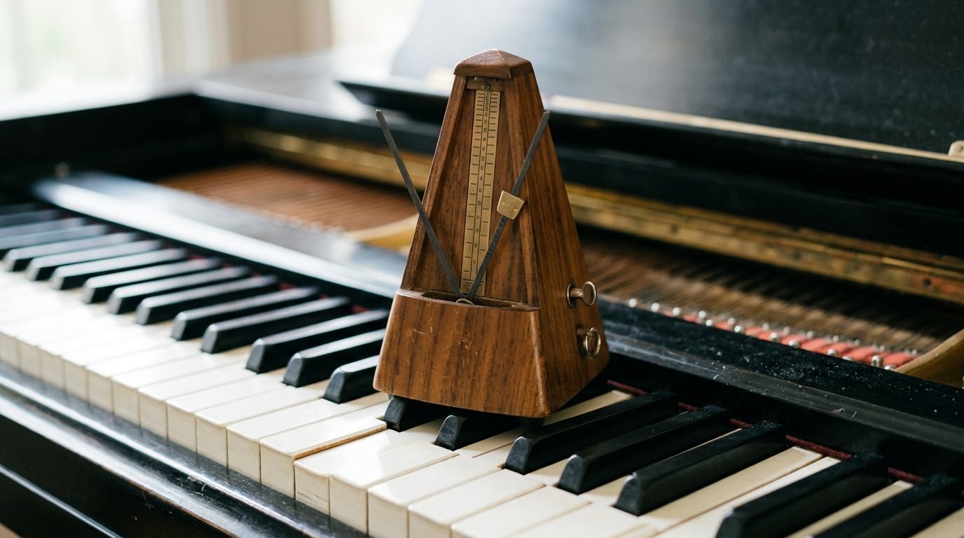 A metronome sitting on top of piano keys, close-up shot, no hands or people in frame
