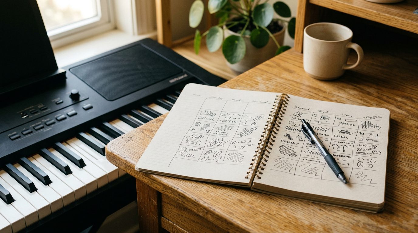 An open notebook with a handwritten weekly practice schedule resting beside a digital keyboard
